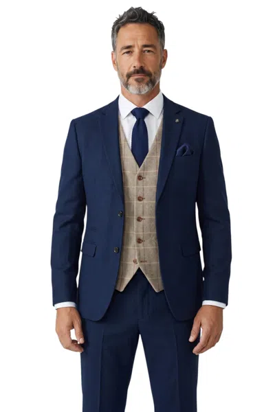 Paul Andrew Arthur Navy 3 Piece Wedding Formal Suit With Brown Tweed Check Waistcoat In Blue