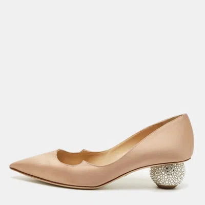 Pre-owned Paul Andrew Beige Satin Ankara Crystal Embellished Block Heel Pumps Size 36 In Sand