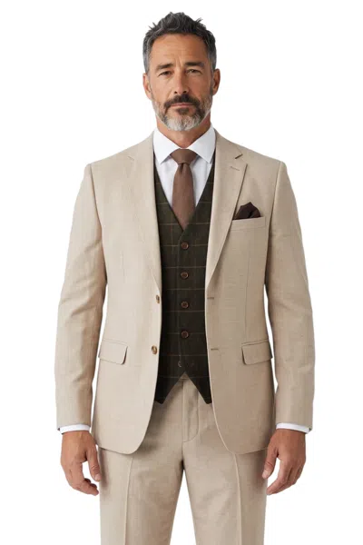 Paul Andrew Belmont Light Beige 3 Piece Suit With Green Tweed Check Waistcoat