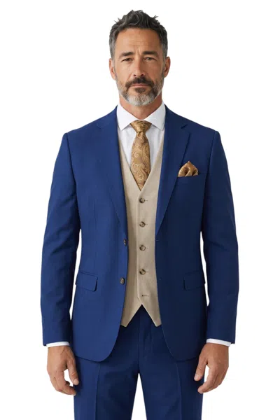 Paul Andrew Belmont Navy 3 Piece Suit With Beige Textured Waistcoat For Proms And Races In Blue