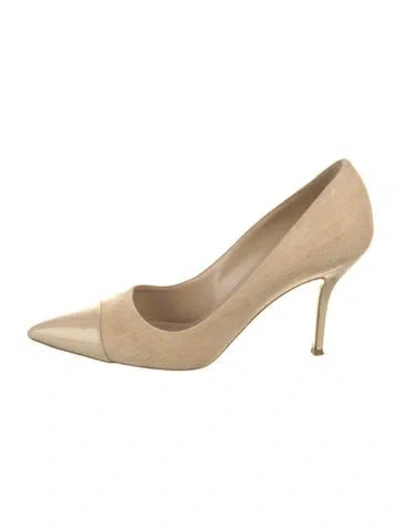 Pre-owned Paul Andrew Canvas Leather Trim Embellishment Pumps In Neutral