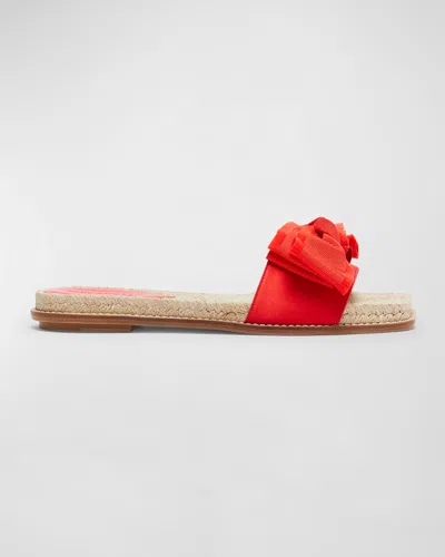 Paul Andrew Frayed Bow Slide Espadrille Sandals In Tomato