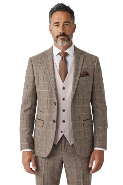 Paul Andrew Harris Brown Tweed Check 3 Piece Wedding Suit With Stone Waistcoat