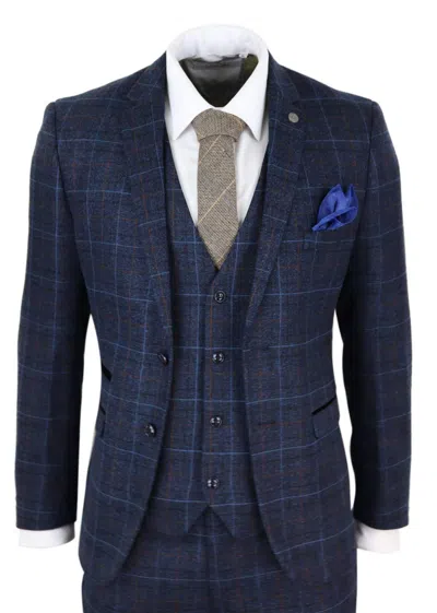 Paul Andrew Harvey Navy Tweed Check 3 Piece Suit In Blue
