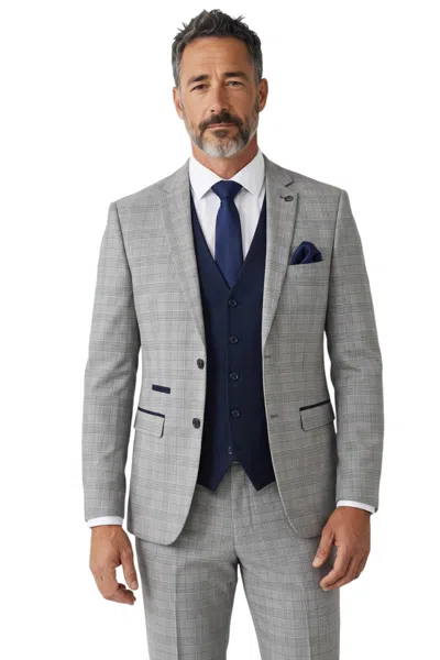 Paul Andrew Hugo Grey Glen Check 3 Piece Prince Of Wales Suit With Navy Waistcoat