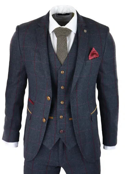 Paul Andrew Madrid Herringbone Tweed 3 Piece Navy Suit In Blue
