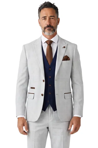 Paul Andrew Mark Stone Grey Check 3 Piece Race Day Formal Suit With Navy Waistcoat In White