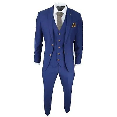 Pre-owned Paul Andrew Mayfair Men's Blue 3 Piece Suit Brown Grooms