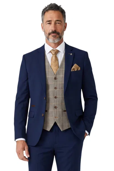Paul Andrew Mayfair Navy Textured 3 Piece Formal Suit With Brown Tweed Check Waistcoat In Blue