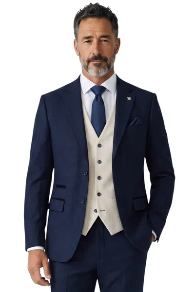 Paul Andrew Men's Check Navy Blazer Cream Waistcoat Wedding 3 Piece Suit - Regent In Blue