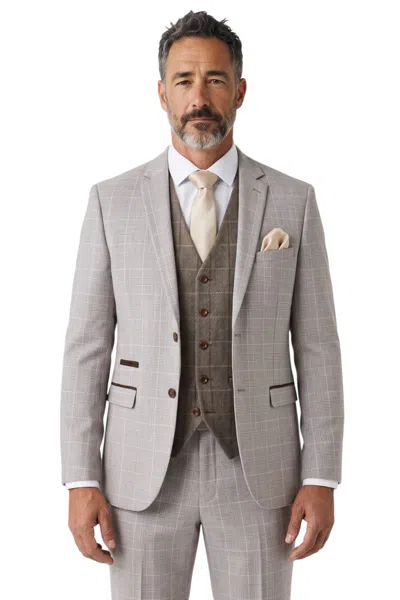 Paul Andrew Men's Light Beige Check 3 Piece Suit With Brown Tweed Waistcoat