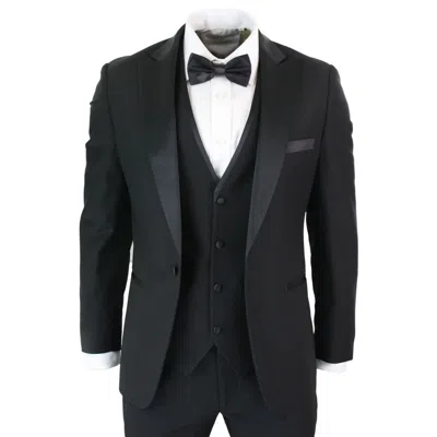 Pre-owned Paul Andrew Mens 3 Piece Black Classic Satin Tuxedo Dinner Suit Tailored Fit Wedding Prom