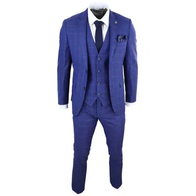 Pre-owned Paul Andrew Mens 3 Piece Suit Royal Blue Prince Of Wales Check Suit Classic Wedding Formal