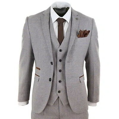 Pre-owned Paul Andrew Mens 3 Piece Suit Tweed Check Vintage Retro Tailored Fit 1920s In Beige