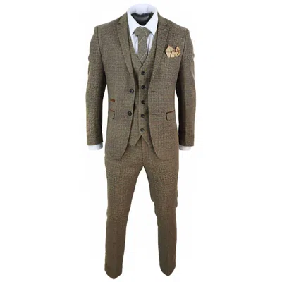 Pre-owned Paul Andrew Mens 3 Piece Suit Tweed Check Vintage Retro Tailored Fit 1920s In Brown