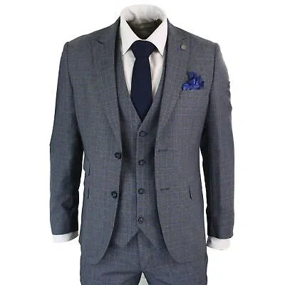Pre-owned Paul Andrew Mens 3 Piece Tailored Fit Prince Of Wales Check Grey Blue Tweed Suit Vintage