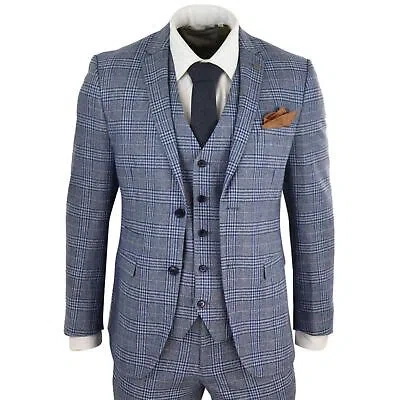 Pre-owned Paul Andrew Mens Blue 3 Piece Suit Vintage Navy Tan Check Tailored Fit Classic Gatsby 1920s