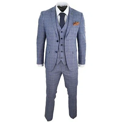 Pre-owned Paul Andrew Mens Blue 3 Piece Suit Vintage Navy Tan Check Tailored Fit Classic Gatsby 1920s