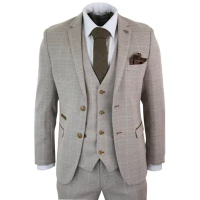 Pre-owned Paul Andrew Mens Check Tweed Beige Brown 3 Piece Suit Wedding Prom Vintage Retro Classic