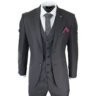 Pre-owned Paul Andrew Mens Dark Grey Charcoal 3 Piece Suit Classic Stitch Wedding Summer Prom Classic