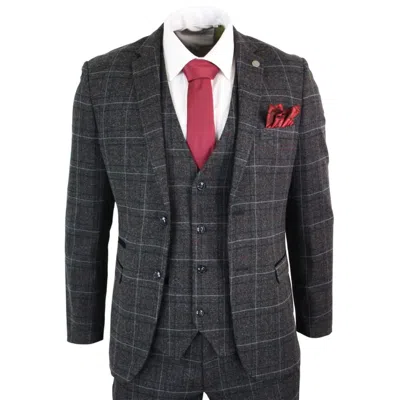 Pre-owned Paul Andrew Mens Grey Black 3 Piece Tweed Suit Herringbone Wine Vintage Retro In Charcoal