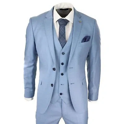 Pre-owned Paul Andrew Mens Light Blue Sky 3 Piece Suit Classic Stitch Wedding Summer Prom Classic