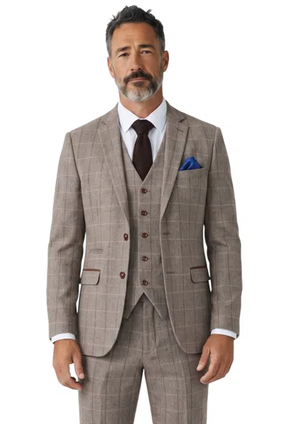 Paul Andrew Mens Wool Brown Herringbone Check 3 Piece Tweed Suit - Harris