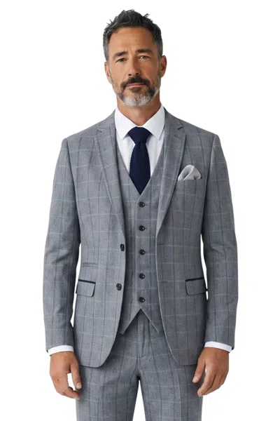 Paul Andrew Mens Wool Grey Herringbone Check 3 Piece Tweed Suit - Harris
