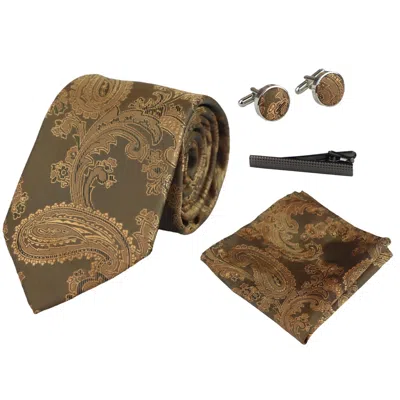 Paul Andrew Paisley Neck Tie Pocket Square Cuff Links In Brown