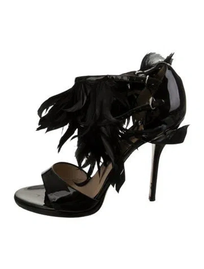 Pre-owned Paul Andrew Patent Leather Feather Trim Sandals In Black