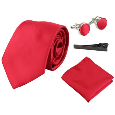 Paul Andrew Satin Silk Tie Pocket Square Cuff Links Shiny In Red