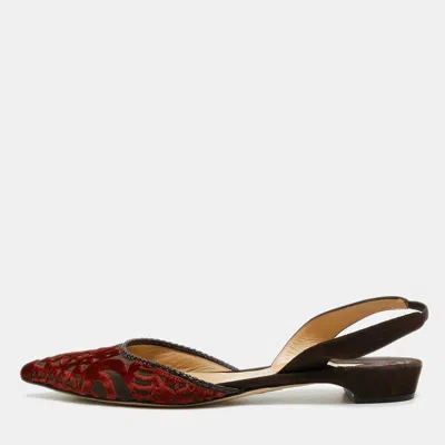 Pre-owned Paul Andrew Size 38.5 Brown/red Suede And Velvet Slingback Flats