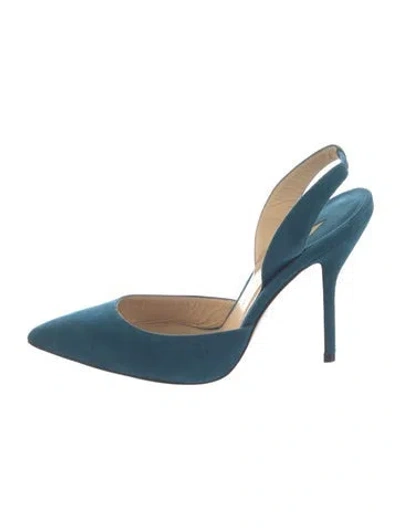 Pre-owned Paul Andrew Suede Crystal Embellishments Slingback Pumps In Green