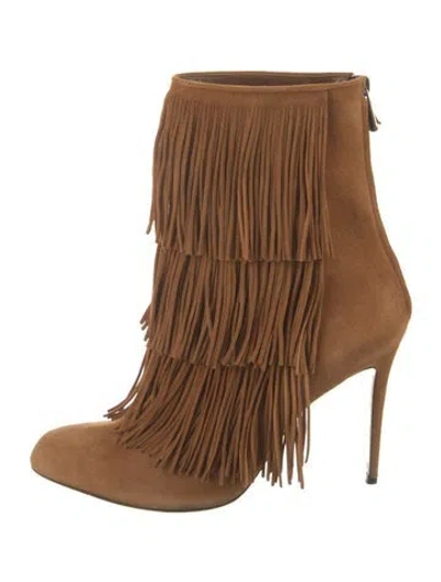Pre-owned Paul Andrew Suede Fringe Trim Accent Boots In Neutrals
