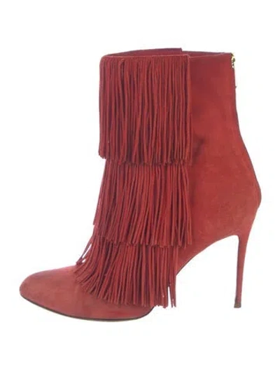 Pre-owned Paul Andrew Suede Fringe Trim Accent Boots In Red
