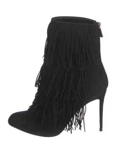 Pre-owned Paul Andrew Suede Fringe Trim Accent Lace-up Boots In Black