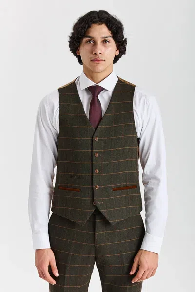 Paul Andrew Waistcoat Tweed Herringbone Check Wool Blend Vest In Green
