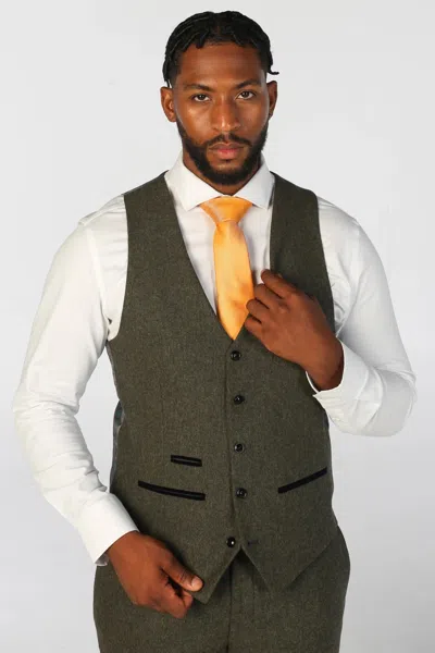 Paul Andrew Wool Blend Waistcoat Olive Green Tweed Tailored Fit Vest