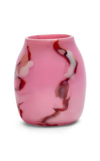 Paul Arnhold Glass - Exclusive Bubblegum Pink Vase With White; Red; And Pink Marbleized Strokes - Pi