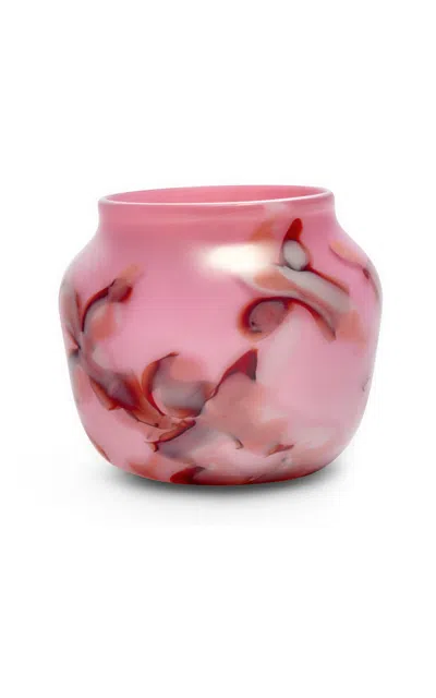 Paul Arnhold Glass - Exclusive Bubblegum Pink Vase With White; Red; And Pink Marbleized Strokes - Pi