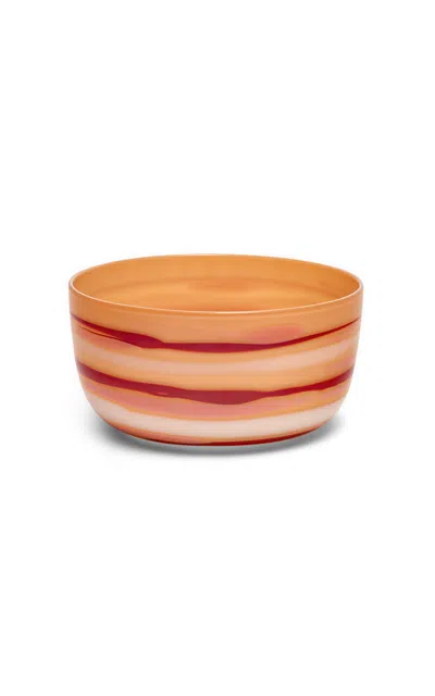 Paul Arnhold Glass - Exclusive Coral Bowl With Oxblood; Flamingo; And White Strokes - Pink