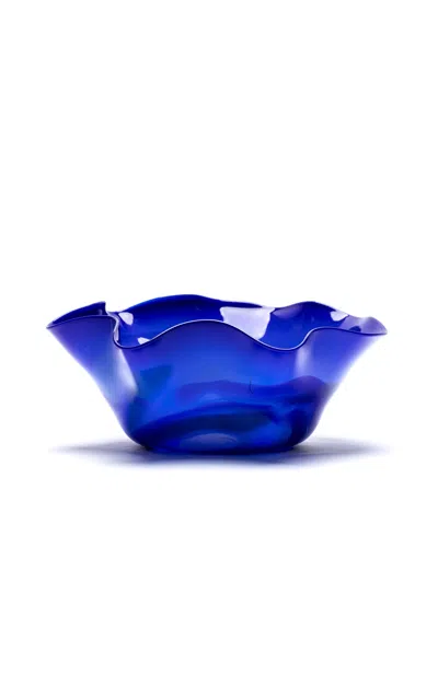 Paul Arnhold Glass - Exclusive Large Royal Blue Wavy Bowl With White; Blue; And Jade Strokes - Blue