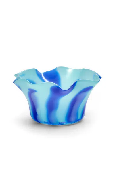 Paul Arnhold Glass - Exclusive Light Blue Wavy Low Vase Or Bowl With Royal Blue And Powder White Str