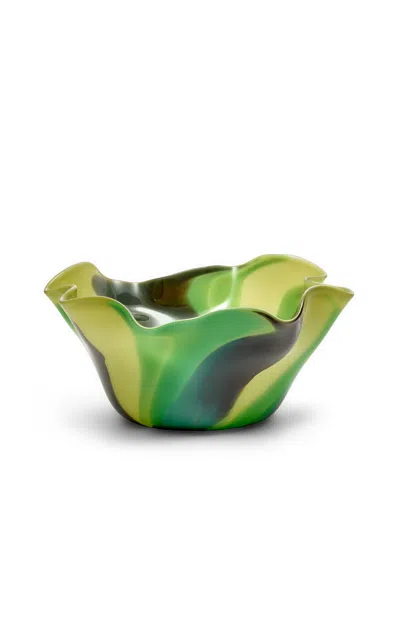Paul Arnhold Glass - Exclusive Light Pistachio Green Wavy Bowl Or Low Vase With Dark Green; Jade; An