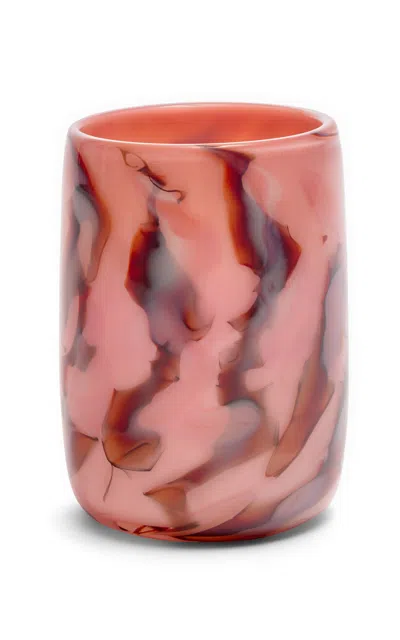 Paul Arnhold Glass - Exclusive Soft Pink Vase With White; Oxblood; And Flamingo Marbleized Strokes -