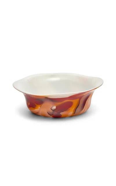 Paul Arnhold Glass - Exclusive White Wavy Bowl With Sahara; Oxblood; And Flamingo Strokes - White