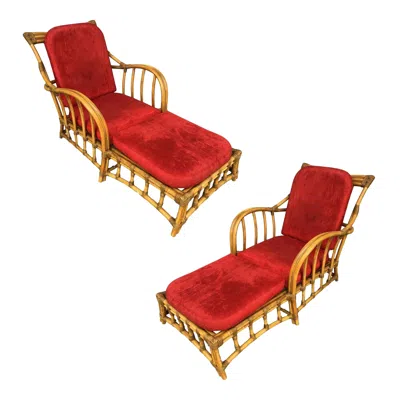 Pre-owned Paul Frankl Rare  Styled Faux Rattan Outdoor/patio Chaise Lounge Chair, Pair In Red
