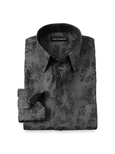 Paul Fredrick Tailored Fit Comfort Stretch Non-iron Botanical Dress Shirt With Contrast Trim In Black