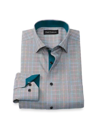 Paul Fredrick Tailored Fit Comfort Stretch Non-iron Check Dress Shirt With Contrast Trim In Black