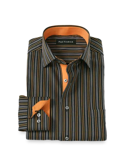 Paul Fredrick Tailored Fit Comfort Stretch Non-iron Stripe Dress Shirt With Contrast Trim In Black